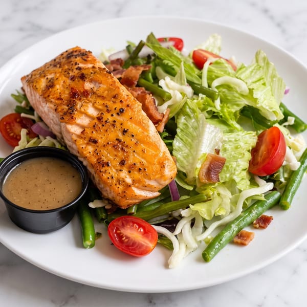 Grilled salmon fillet with a side salad of lettuce, green beans, tomatoes, and bacon bits.