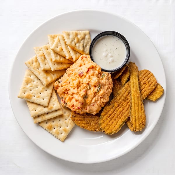 Pimento cheese dip with crackers, fried pickles, and ranch dressing on a white plate.