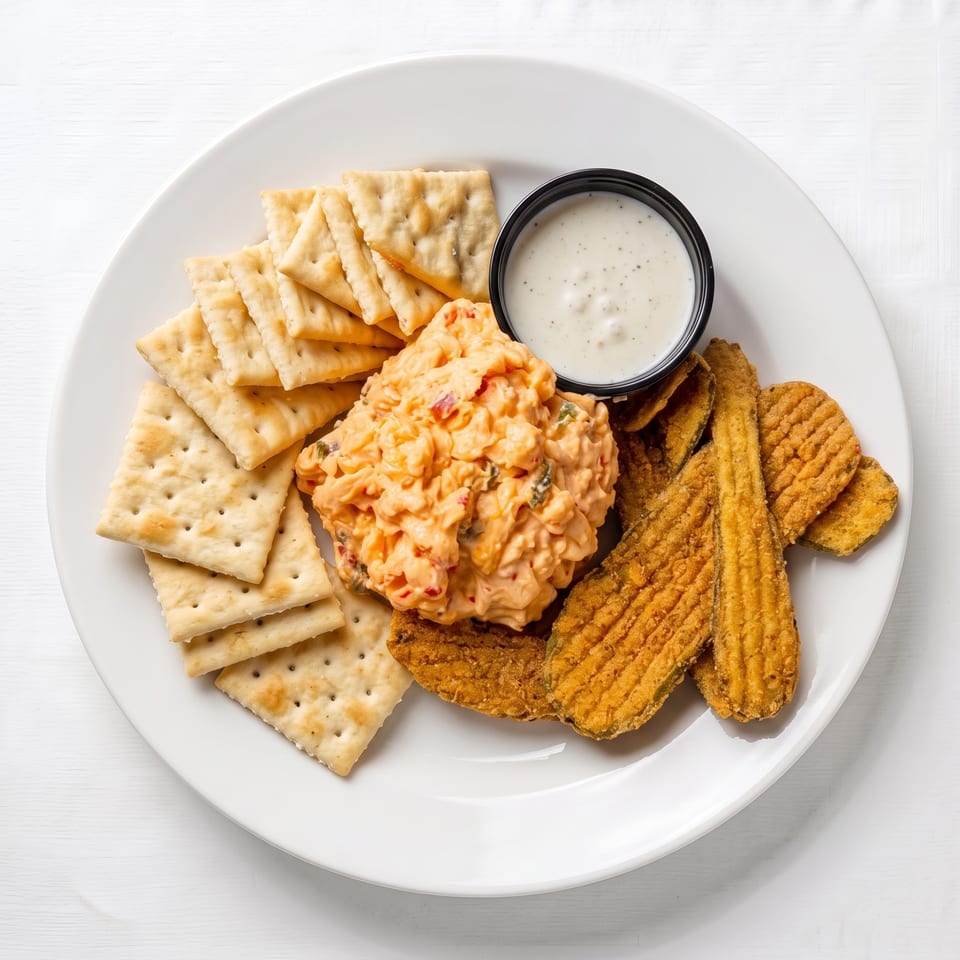 Pimento cheese dip with crackers, fried pickles, and ranch dressing on a white plate.